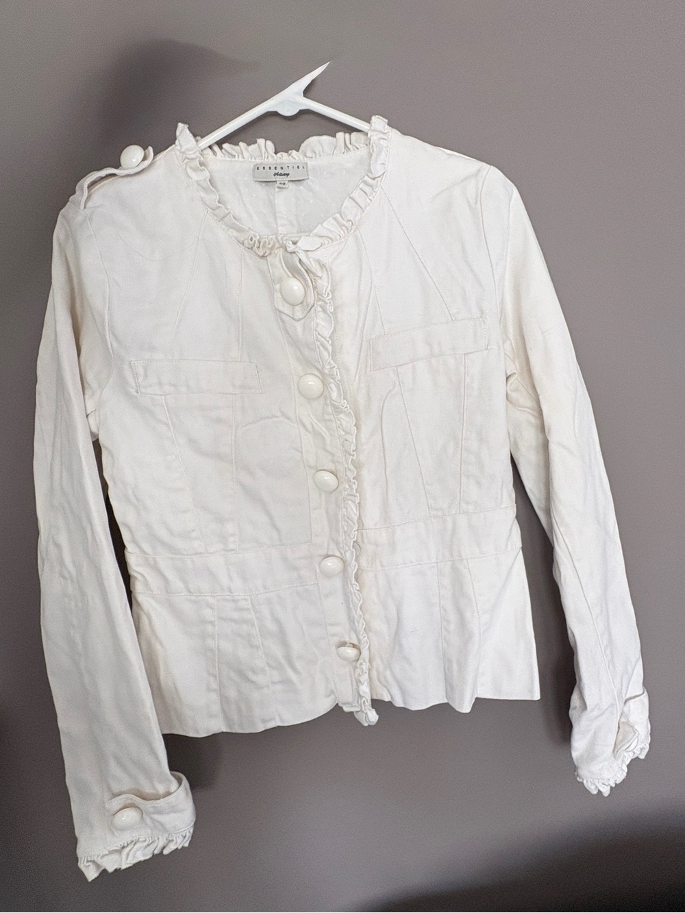 Vintage White Ruffle-Trim Button Jacket, Snap Closure, Small